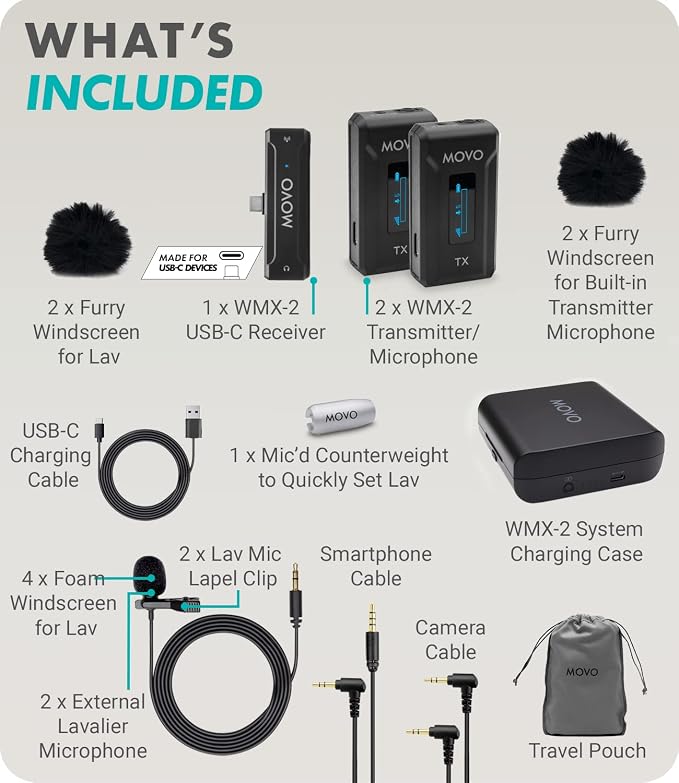 Movo WMX-2-C Duo Wireless Microphone System for USB-C – Dual Clip-On Lavalier Mics for iPhone 15, Android, iPad Pro, MacBook – 2 Wireless Transmitters, Charging Case, 7HR Battery, 328ft Range