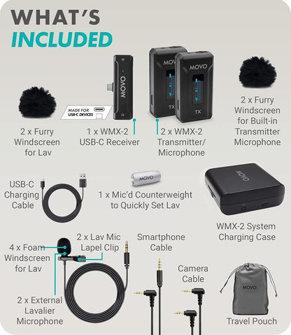 Movo WMX-2-C Duo Wireless Microphone System for USB-C – Dual Clip-On Lavalier Mics for iPhone 15, Android, iPad Pro, MacBook – 2 Wireless Transmitters, Charging Case, 7HR Battery, 328ft Range