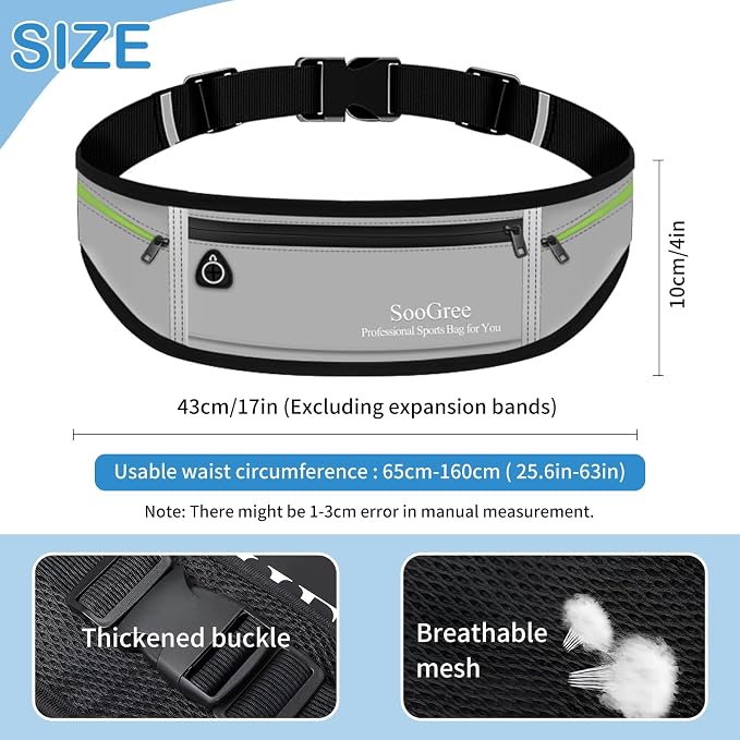 SooGree Slim Running Belt Sport Fanny Pack for Women Men,Reflective Waist Pack Runner Pouch Belt, Zipper Waterproof Running Phone Holder Jogging Pouch for Phone Money (GSP8806 Gray)