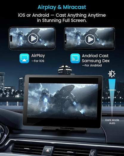 11" Extra Large Wireless Apple CarPlay Screen for Car – Ultra-Slim 0.16 Inch Touchscreen Car Stereo with Android Auto, 4K Dash Cam, 1080p Backup Camera, GPS, Mirror Link, Voice Control