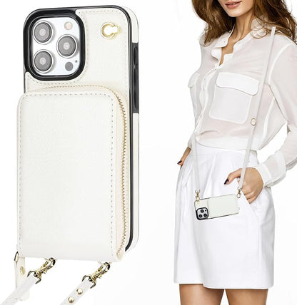 KIHUWEY Crossbody Wallet Case for iPhone 15 Pro Max, Zipper Pocket PU Leather RFID Blocking Protective Cover Case with Kickstand and Detachable Wrist Strap Lanyard 6.7" (White)