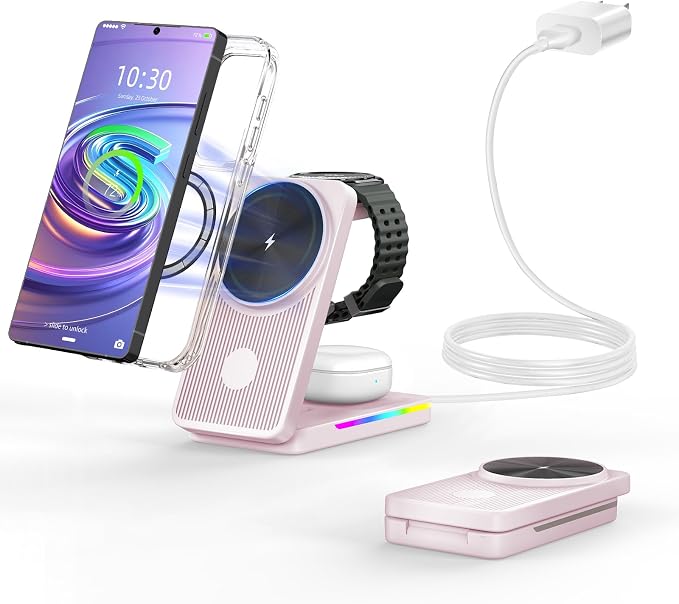 Magnetic Wireless Charger for Samsung Galaxy S26 Ultra, 3 in 1 Wireless Charging Station for Samsung Watch 8, Travel Foldable MagSafe Charger Stand for Android S25 Ultra/Z Fold/Z Flip 7, Buds 4 Pro