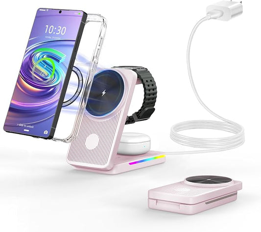 Magnetic Wireless Charger for Samsung Galaxy S26 Ultra, 3 in 1 Wireless Charging Station for Samsung Watch 8, Travel Foldable MagSafe Charger Stand for Android S25 Ultra/Z Fold/Z Flip 7, Buds 4 Pro