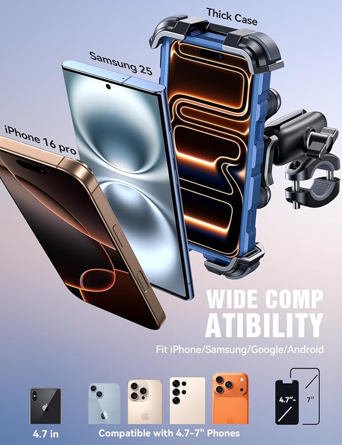 JOYROOM Motorcycle Phone Mount Holder - [Dual Vibration Dampener]150mph Anti-Shock Phone Holder for Motorcycle [Metal Extension Handlebar Clamp] Bicycle Bike Phone Holder Mount for 4.7-7" Cell Phones