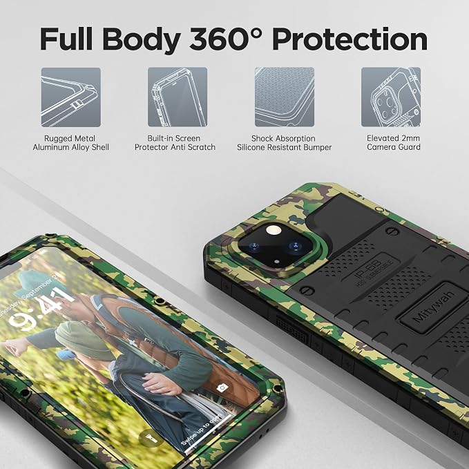 Mitywah Waterproof Case for iPhone 14 Plus, Heavy Duty Shockproof Case with Built-in Screen Protector, Full Body Underwater Protective Metal Case 6.7 inch, Camouflage