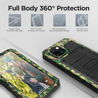 Mitywah Waterproof Case for iPhone 14 Plus, Heavy Duty Shockproof Case with Built-in Screen Protector, Full Body Underwater Protective Metal Case 6.7 inch, Camouflage