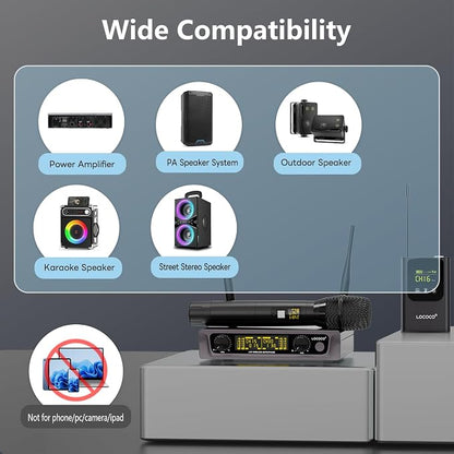 UHF Wireless Microphone System Set: Metal Cordless Handheld/Headset/Lavalier Lapel Mics, Bodypack Transmitter, Receiver - 2*15 Channels 200ft Range for Church, Karaoke Singing, DJ, Wedding, Speech