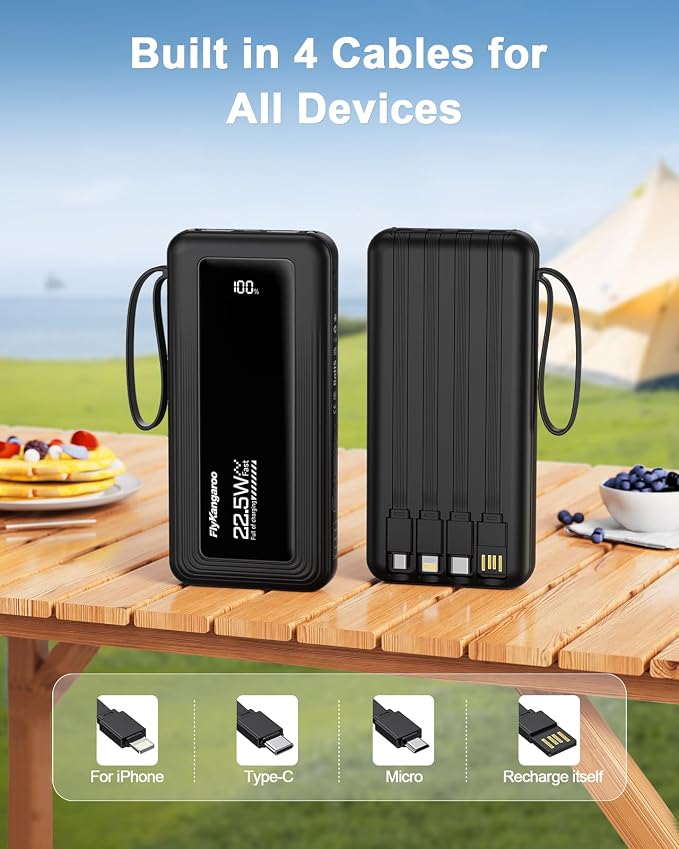 Portable Charger with Built in Cables, Slim 10000mAh Fast Charging 22.5W Power Bank USB C LED Display Battery Pack 6 Outputs & 2 Inputs for iPhone Samsung Pixel LG Moto iPad