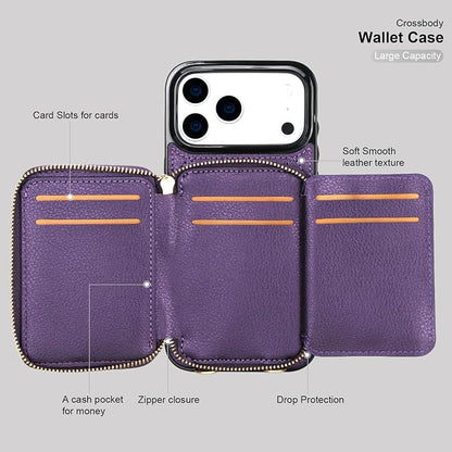 Bocasal Crossbody Wallet Case for iPhone 17 Pro Max, RFID Blocking PU Leather Zipper Handbag Purse Flip Cover, Kickstand Folio Case with Card Slots Holder Wrist Strap Lanyard 5G 6.9 Inch (Dark Purple)