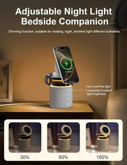 5-in-1 Bluetooth Speaker with Wireless Charging Station,Magnetic Charger with Night Light,Charger Stand with 33W Adapter Compatible with iWatch iPhone 17 16 15 14 13 12 Pro Max Wireless Earbuds White