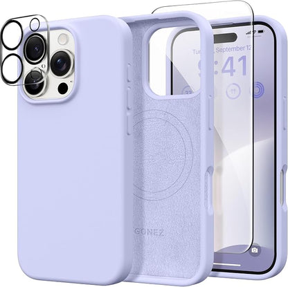 GONEZ Magnetic for iPhone 16 Pro Case, Compatible with MagSafe, [Screen Protector + Camera Lens Protector], Silicone Shockproof Anti-Scratch Protective Phone Case 6.3 inch, Lilac
