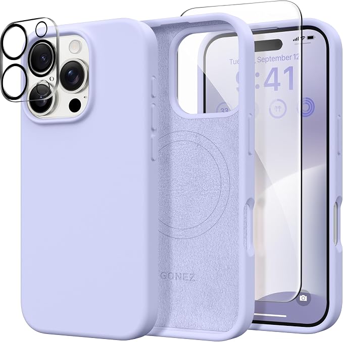 GONEZ Magnetic for iPhone 16 Pro Max Case, Compatible with MagSafe, Liquid Silicone Case, with Screen Protector + Camera Protector, Full Body Protective Shockproof Phone Cover 6.9", Lilac