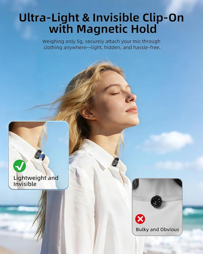 Mini Wireless Lavalier Microphone for iPhone Android Camera, Dual Channel Wireless Microphones with AI Noise Cancellation, 328ft Range, 36H Battery Case, Type-C, Lightning & USB Plug & Play
