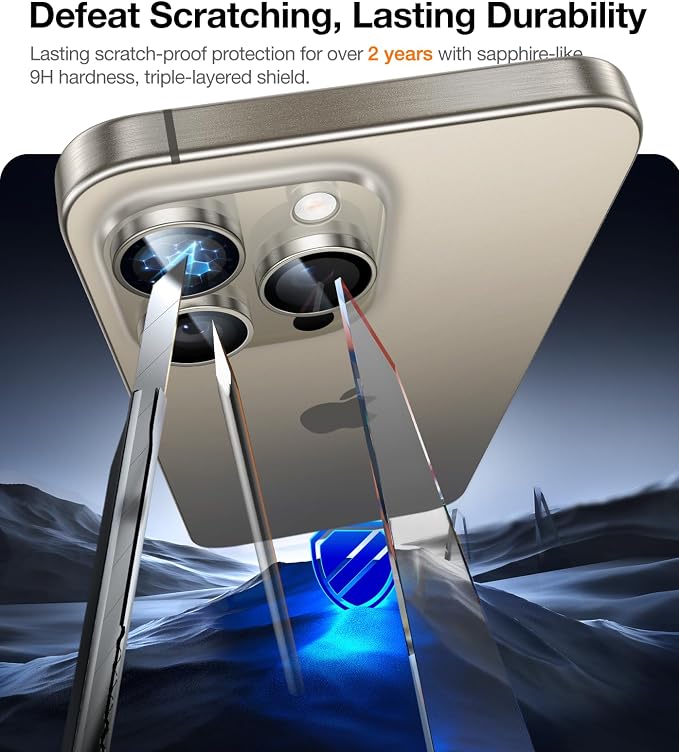 UltraGlass UNBREAK TOP 9H+ Glass for iPhone 15 Pro Max/15 Pro Lens Protector [Military Grade Shatterproof & Longest Durable] Camera Lens Protector Tempered Glass, Natural Titanium