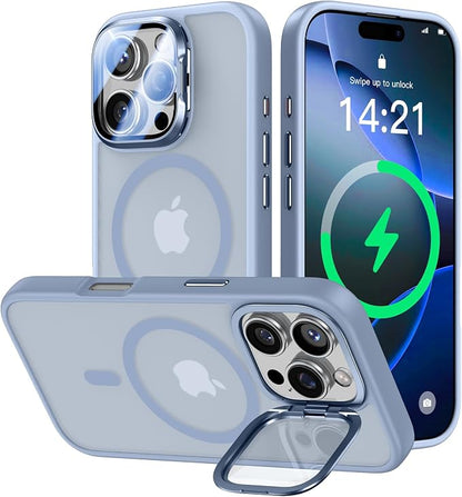 [Upgraded] for iPhone 16 Pro Max Case with Camera Cover Stand [Fit for MagSafe][9H Camera Lens Protector] Mil-Grade Protection Translucent Magnetic iPhone 16 Pro Max Phone Case, Light Blue