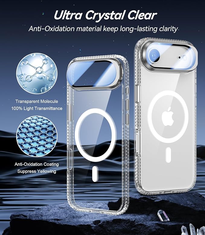 [Upgraded Full Camera Protection] for iPhone Air Case with Camera Cover Stand [Fit for MagSafe][10FT Mil-Grade Protection] Transparent Magnetic Phone Cover for iPhone 17 Air Case, Clear