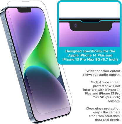 Tech Armor Ballistic Glass Screen Protector for iPhone 14 Plus and iPhone 13 Pro Max [6.7 Inch] Display 3 Pack Tempered Glass, Case Friendly