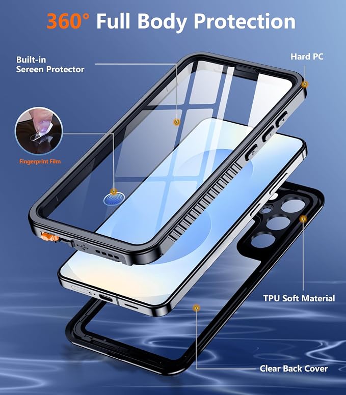 Temdan Compatible with Samsung Galaxy S25 Case Waterproof with Belt Clip Holster, Built-in Lens & Screen Protector Military Grade Shockproof Dropproof IP68 Underwater Full Body Phone Case