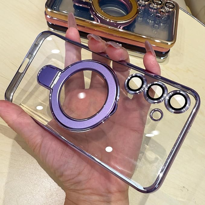 Magnetic Case for Samsung Galaxy S25 Case Stand & Ring Holder Compatible with MagSafe Built-in Camera Lens Protector Shockproof Phone Case for Samsung S25 - Purple