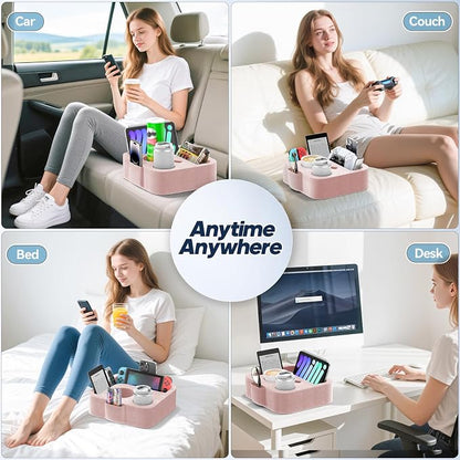 Couch Cup Holder Pillow, Sofa and Bed Caddy for iPad, Kindle, Switch, Game Controller, Remotes, Phones, Small-Sized Cup & Drink Holder for Couch, Bed, Desk, Car, Beach, Bathroom Cup Holder Pink