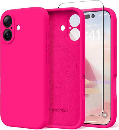 Magnetic for iPhone 16 Case, Compatible with MagSafe, [Screen Protector + Full Camera Protection], Silicone Shockproof Anti-Scratch Protective Phone Case for iPhone 16 6.1", Hot Pink