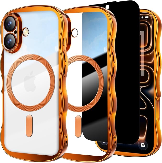 Misscase for iPhone 16 Case with Privacy Screen Protector,Compatible with MagSafe,Cute Wave Frame Anti-Scratch Case with Camera Lens Protector Plating Bling Case for iPhone 16 6.1" Women Orange