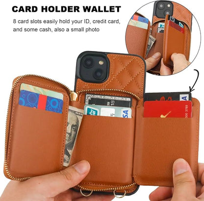 Bocasal Crossbody Wallet Case for iPhone 14 Plus, RFID Blocking PU Leather Zipper Handbag Purse Flip Cover, Kickstand Folio Case with Card Slots Holder Wrist Strap Lanyard 5G 6.7 Inch (Brown)