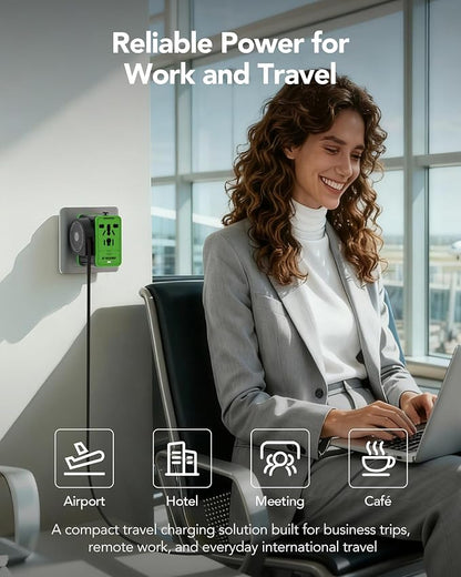 MFish 75W Universal Travel Adapter, 5-Port International Power Adapter with Retractable USB-C Cable, 3 USB-C & 1 USB-A + AC Outlet, Worldwide Wall Charger for MacBook, iPhone, iPad, EU/UK/US/AUS Black