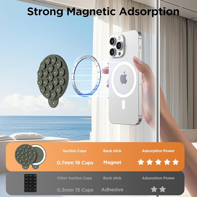 Magnetic Suction Cup Phone Mount, Compatible with MagSafe, Silicone Octo Cup Buddy Sticky Grip Holder for iPhone and Android, Removable Hands-Free Selfie/Video for TikTok, Olive Green