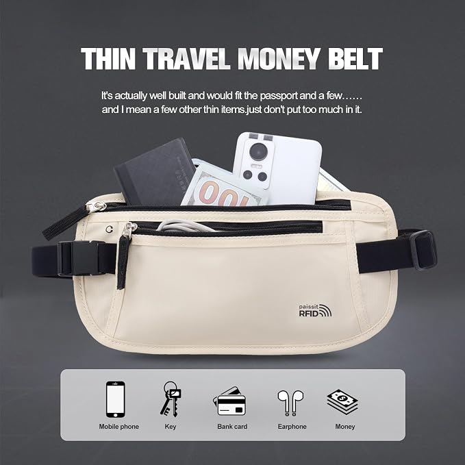 Unisex Money Belt For Men and Women, Slim Passport Holder RFID Blocking Travel Essentials Bags with Adjustable Strap Small Waist Pouch for Workout Running Travelling Hiking, Cream White