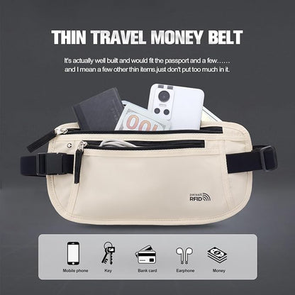 Unisex Money Belt For Men and Women, Slim Passport Holder RFID Blocking Travel Essentials Bags with Adjustable Strap Small Waist Pouch for Workout Running Travelling Hiking, Cream White