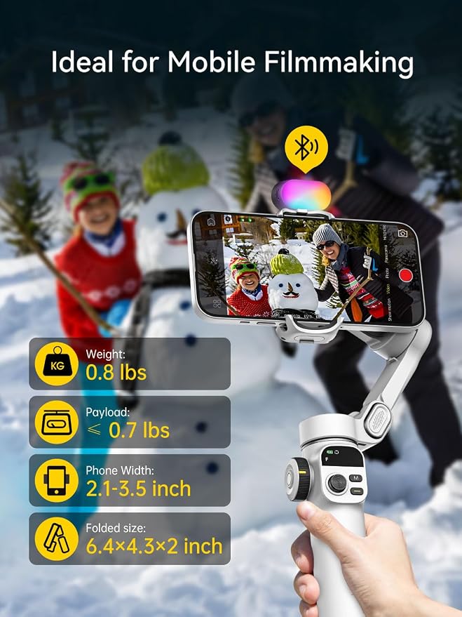AOCHUAN Gimbal Stabilizer for iPhone w/RGB Magnetic Fill Light, Foldable Gimbal w/7.8' Extension Rod & OLED Display for Vlogging & Filmmaking, Compatible with iPhone 16/15 Pro Max-Smart X2 Kit White