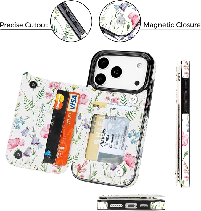 uCOLOR for iPhone 17 Pro Wallet Case with Card Holder PU Leather RFID Blocking Design iPhone 17 Pro flip case for Women Men Magnetic Clasp Kickstand Design 6.3 inch (Pink Flowers)