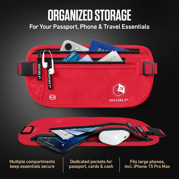 VENTURE 4TH Money Belt for Travel – Hidden Under-Clothes RFID Blocking Passport Holder & Slim Travel Wallet Pouch for Men & Women to Protect Cash, Cards & Documents (Red)