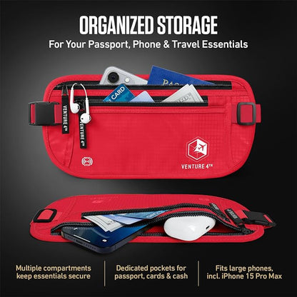 VENTURE 4TH Money Belt for Travel – Hidden Under-Clothes RFID Blocking Passport Holder & Slim Travel Wallet Pouch for Men & Women to Protect Cash, Cards & Documents (Red)