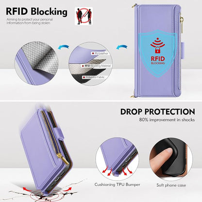 Antsturdy Compatible with iPhone 14 Wallet Case Women Men,RFID Blocking PU Leather Crossbody Phone Case Zipper with Wrist Strap Flip Protective Cover Credit Card Holder for Apple 14 6.1",Light Purple