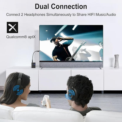 Bluetooth Transmitter Receiver for TV, 2-in-1 Bluetooth 5.3 Adapter with Qualcomm aptX Adaptive Supports 2 AirPods/Headphones Wireless HD Audio Adapter for Airplane, Car, Gym, Home Stereo