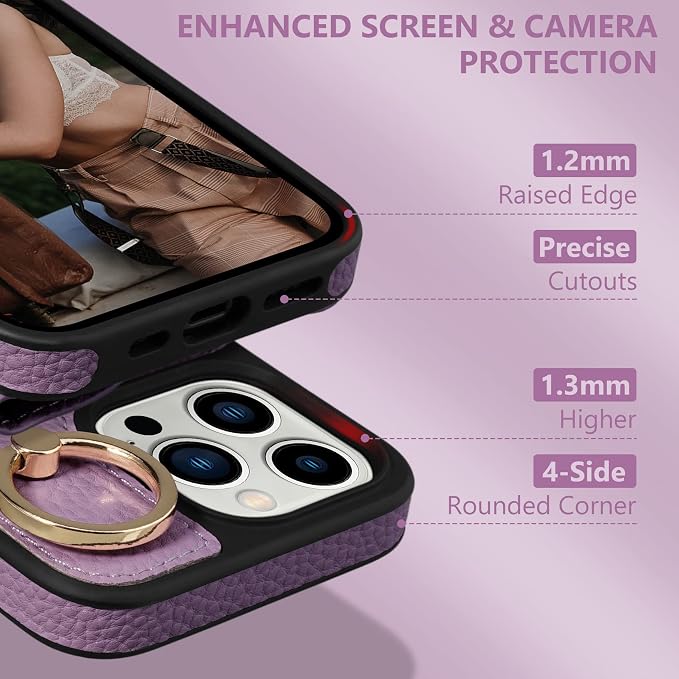 Keallce Wallet Case for iPhone 15 Pro 6.1'', Flip Case with Card Slots, Ring Holder Kickstand, PU Leather Protective Folio Cover for Women, Purple