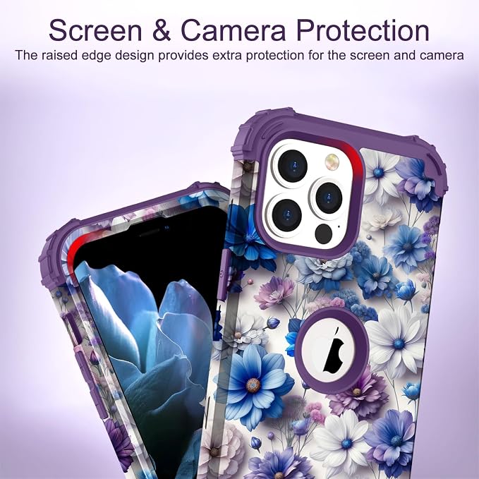 Hocase for iPhone 13 Pro Max Case, Heavy Duty Shockproof Protection Soft Silicone Rubber Bumper+Hard Plastic Hybrid Protective Case for iPhone 13 Pro Max (6.7") 2021 - Blue Purple Flowers