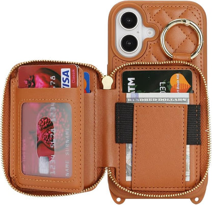 Crossbody Wallet Case for iPhone 17, PU Leather Zipper Handbag Purse Flip Cover, Kickstand Folio Case with Card Slots Holder Wrist Strap Lanyard 5G 6.3 Inch-Brown