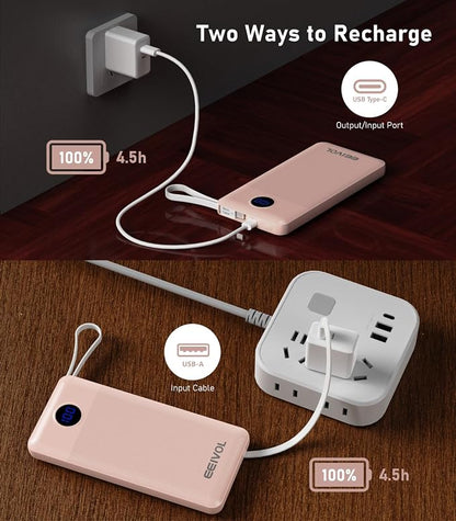 Portable Charger with Built in Cables, Slim 10000mAh Power Bank, USB C Battery Pack Travel, 4 Output 2 Input External Charging Bank for iPhone 17/16/15/14/13,Samsung, Android, etc-Pink(1 Pack)