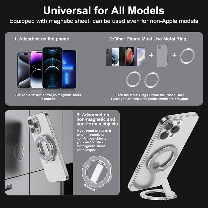 Double Magnetic Phone Grip Holder for MagSafe, Portable Phone Stand for Gym Removable Magnetic Ring Kickstand for iPhone 17 16e 16 15 14 13 12 Pro Max Series MagSafe Case, Attach to Any Iron Surface