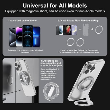 Double Magnetic Phone Grip Holder for MagSafe, Portable Phone Stand for Gym Removable Magnetic Ring Kickstand for iPhone 17 16e 16 15 14 13 12 Pro Max Series MagSafe Case, Attach to Any Iron Surface
