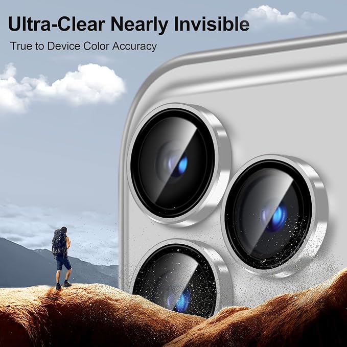 QHOHQ 2 Set Camera Lens Protector for iPhone 17 Pro Max/17 Pro/16 Pro Max/16 Pro/15 Pro Max/15 Pro, Individual Anti Shatter Lens Protector,[15FT Military Grade Protection],1-Second Auto-Install- Silver