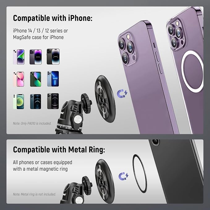 NEEWER Magnetic Phone Tripod Mount Adapter with 1/4" Holes Compatible with iPhone MagSafe Selfie Stick for 15 Pro Max 15 Plus 14 13 12 Pro Max Mini, Phone Holder for Ring Light Video Recording, PA010