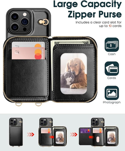 OCASE Compatible with iPhone 16 Pro Crossbody Wallet Case with Card Holder, PU Leather Zipper Handbag Phone Purse with RFID Blocking Kickstand Wrist Strap Lanyard 6.3 Inch, Black