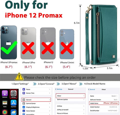 Wallet Case for iPhone 12 Pro Max with Card Holder/Crossbody Wallet/Strap| RFID Blocking | Magnetic | Kickstand | Detachable | PU Leather Phone Case for iPhone 12 Pro Max,6.7 in,Green