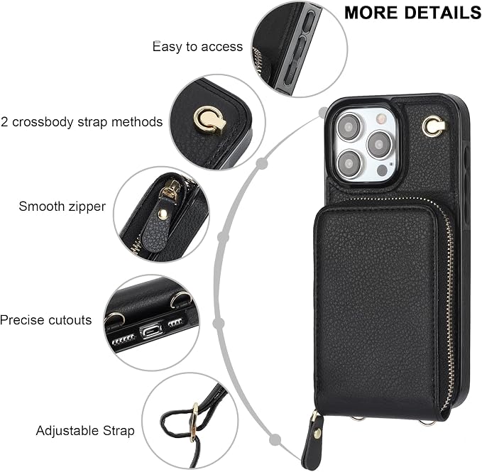 KIHUWEY Crossbody Wallet Case for iPhone 15 Pro Max, Zipper Pocket Case with Card Holder, PU Leather RFID Blocking Protective Cover with Kickstand and Detachable Wrist Strap Lanyard, 6.7" (Black)