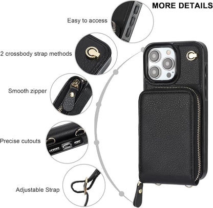 KIHUWEY Crossbody Wallet Case for iPhone 15 Pro Max, Zipper Pocket Case with Card Holder, PU Leather RFID Blocking Protective Cover with Kickstand and Detachable Wrist Strap Lanyard, 6.7" (Black)