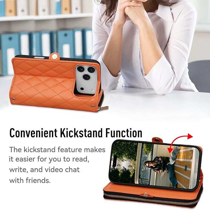 Rssviss Crossbody Case for iPhone 17 Pro Max Case Wallet, RFID Blocking Leather with Card Holder Kickstand, Handbag Zipper Flip Cover with Wrist Strap for iPhone 17 Pro Max Men Women 6.9", Orange